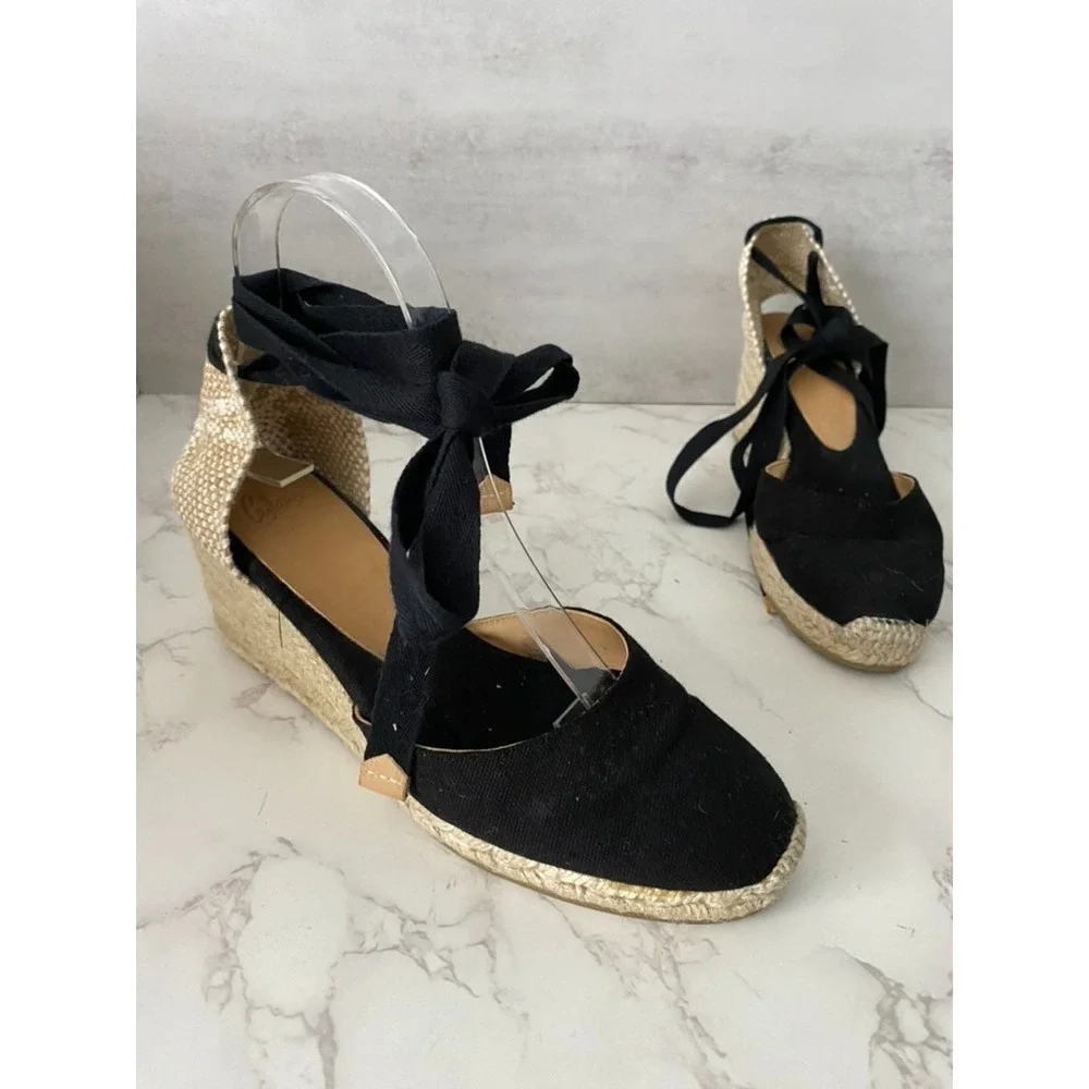 Castañer Carina Wedge Espadrilles Sz 39 (US 8) Black Ankle Ribbon Summer